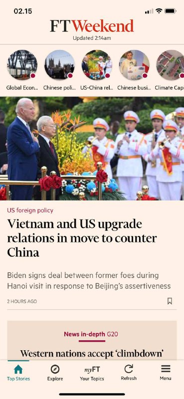 FT周末#越南🇻🇳和美国🇺🇸升级关系反中国🇨🇳新加坡 德里 华盛顿FT记者 更新3小时越南🇻🇳已将其与美国🇺🇸的关系升级到最高水平，在面对北京日益自信的情况下，使以前的敌人更接近