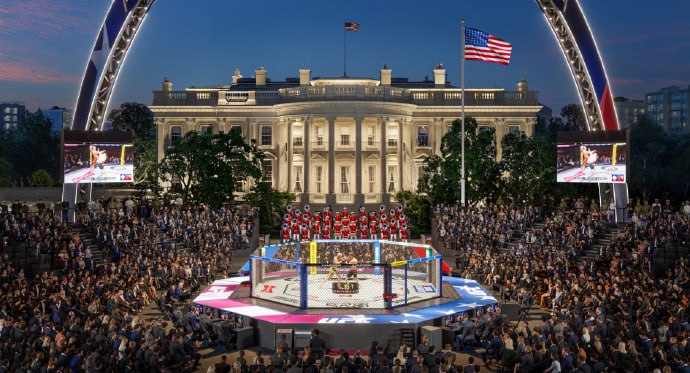 白宫南草坪正搭建八角笼格斗场，UFC：将发8.5万张免费票美国娱乐和体育电视台（ESPN）5月26日报道，美白宫南草坪正搭建八角笼格斗场
