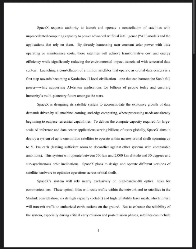 SpaceX已向美国联邦通信委员会（FCC）提交申请，计划发射高达100万颗卫星，以构建一个环绕地球的轨道数据中心网络