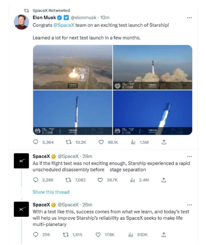 SpaceX #星舰 终于点火发射，但在空中 #爆炸#特斯拉 (168.31, -12.28, -6.80%)CEO埃隆• #马斯克（Elon Musk）旗下太空探索技术公司SpaceX刚刚点火发射了新一代运载火箭星舰（Starship），这也是它的首次轨道飞行测试，但没能成功