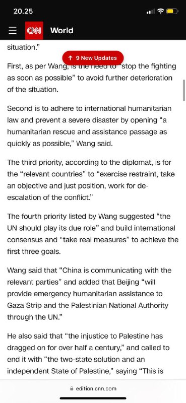 实时更新#以色列🇮🇱-哈马斯战争#中共“🇨🇳人民”共和国外交部长王毅周五警告说，“巴勒斯坦🇵🇸目前处于危急状态”，持续的冲突“造成了大量平民伤亡”
