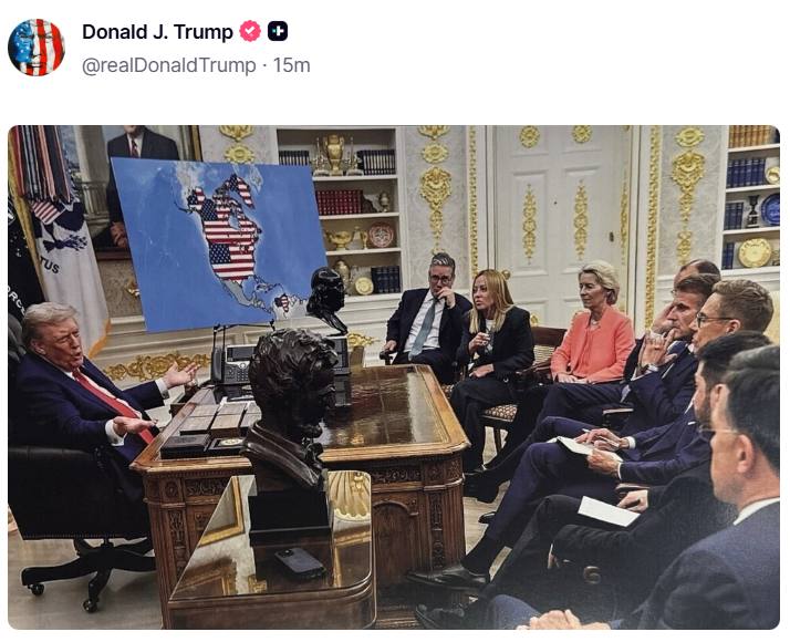 川普先后发了两张图，第一张是自己在美国白宫向西方领导人展示披上星条旗的加拿大和委内瑞拉，第二张是今年在格陵兰的土地上插上星条旗