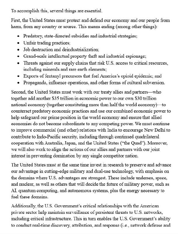 白宫的2025国家安全战略，差不多一半都是针对中国的，第一次把中国贸易形容为“掠夺性的、国家主导的补贴和产业战略”：特朗普总统以一己之力扭转了美国对中国长达三十多年的错误假设：也就是认为，只要向中国开放我们的市场、鼓励美国企业赴华投资、并将制造业外包给中国，就能够促使中国融入所谓的“基于规则的国际秩序”