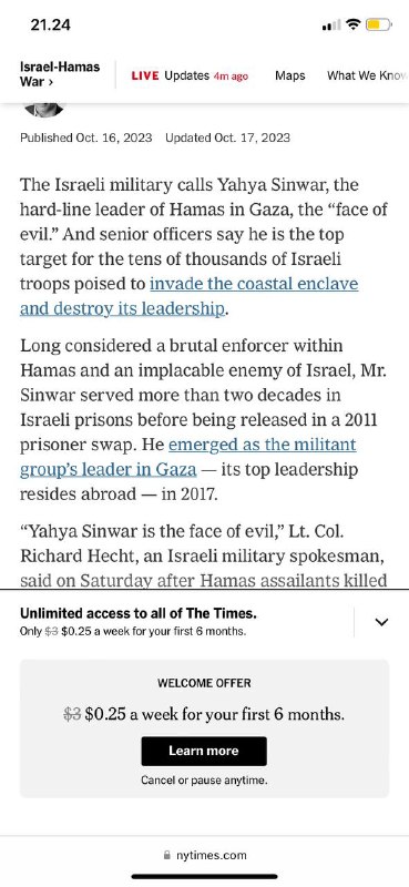 #哈马斯在加沙的领导人叶海亚·辛瓦尔在以色列的目标名单中名列前茅- Top Target List 他被认为是哈马斯内部的残酷执法者，在2011年囚犯交换中被释放之前，他在以色列监狱服刑22年Yahya Sinwar是加沙哈马斯的强硬派领导人，“邪恶的面孔”.他是准备入侵沿海数万名以色列🇮🇱军队的首要目标