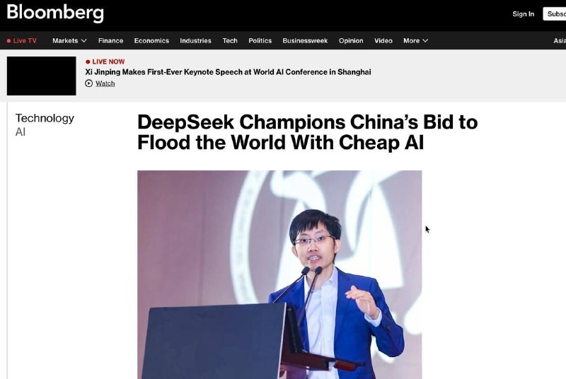 中国的廉价AI冲击美国优势7月17日，据彭博社报道，中国AI独角兽DeepSeek完成74亿美元融资，估值逾500亿美元，并筹划2027年IPO