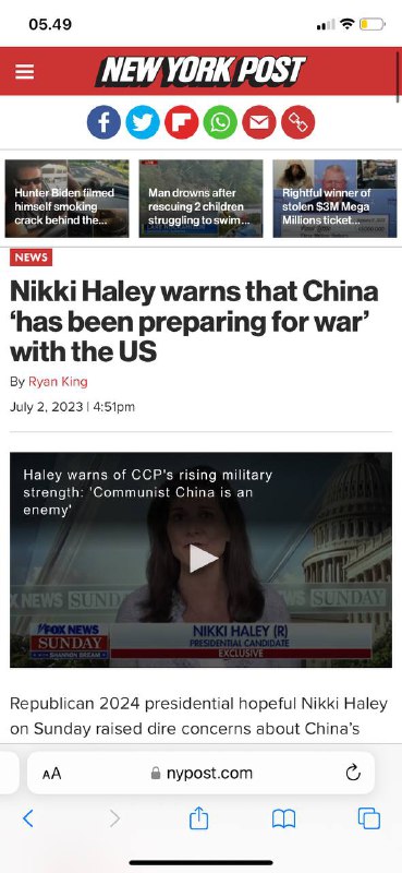 #共产主义中国是敌人Nikki Haley警告说，中国“一直在为与美国开战做准备”作者：Ryan King2023年7月2日下午4:51在上周公布其中国政策的演讲中，Haley将中国描述为“不仅仅是一个'竞争对手'——共产主义中国是一个敌人