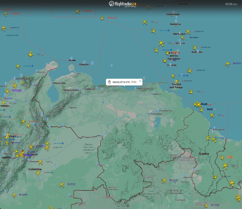 美国联邦航空管理局（FAA）发布了一项新的航行通告，禁止美国飞机从今天（1 月 3 日）0600Z （格林威治标准时间凌晨 6:00）起在委内瑞拉空域内的任何高度飞行.目前委内瑞拉上空没有任何飞行器轨迹