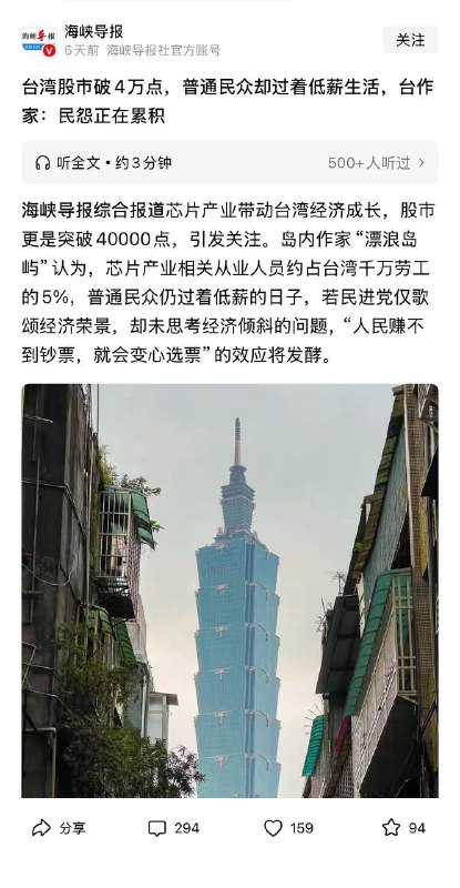 5月5日，海峡导报：台湾股市破4万点，普通民众却过着低薪生活，台作家:民怨正在累积