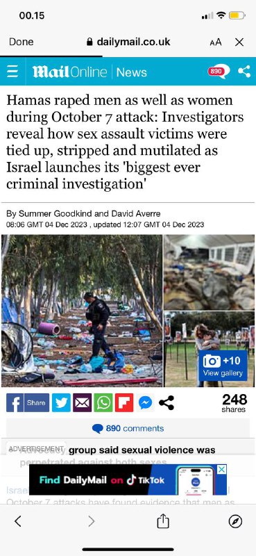 #哈马斯在10月7日的屠杀中除了强奸女性 还强奸男人调查人员透露，随着以色列启动“有史以来最大的刑事调查”，性侵犯受害者是如何被捆绑、剥离和肢解的调查10月7日残酷袭击后果的埃利调查人员发现，有证据表明，男性和女性在哈马斯和伊斯兰圣战袭击者手中遭受性暴力和强奸以色列南部的这些社区发生了性暴力和强奸......我们有几个男女的活着的幸存者——不是很多