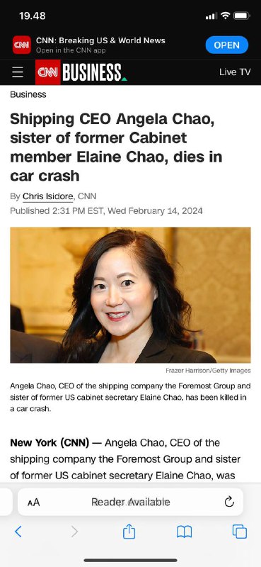 #家庭航运公司的首席经营官Angela Chao去世，享年50岁Chao女士的妹妹Elaine Chao是特朗普总统的运输部长，她领导了全球货船队运营商Foremost集团