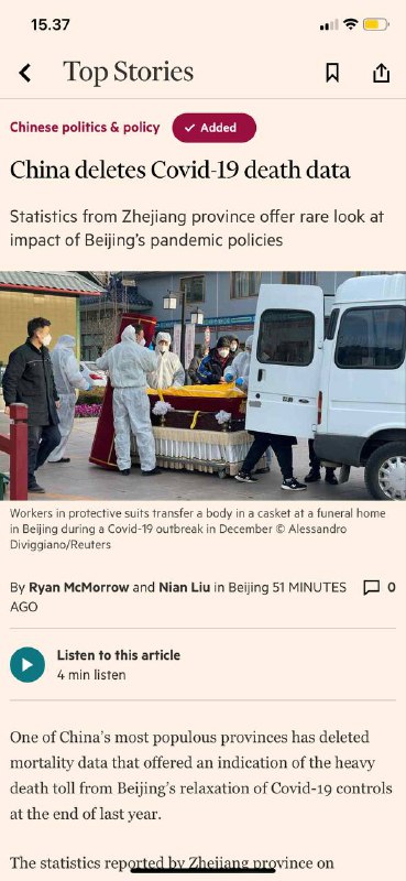 #浙江删除武汉死忙数据Ryan and Nian in Beijing -FT 中国人口最多的省份之- 浙江删除了死亡率数据，这些数据表明，去年年底北京放松对新冠肺炎的控制造成了大量死亡
