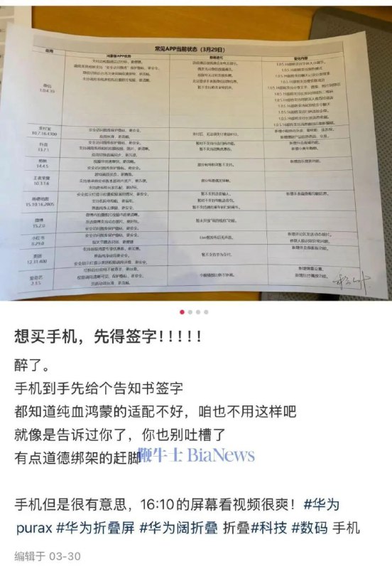 部分 #华为 门店要求购机用户 签署 鸿蒙“知情 同意书”有网友发布图片称，在部分门店购买华为 Pura 80 Pro 时被要求签署一份“知情同意书”