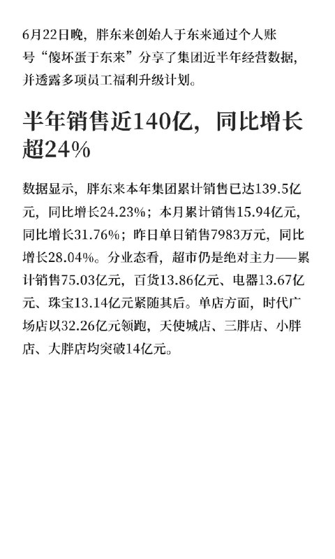 于东来称正研究制定至亲离世带薪假6月22日晚，胖东来创始人于东来通过个人账号“傻坏蛋于东来”分享了集团近半年经营数据，并透露多项员工福利升级计划