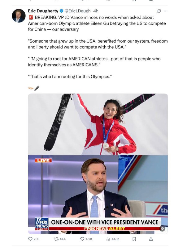 万斯也加入对谷爱琳的批评，谷爱琳两头通吃的「好日子」到头了