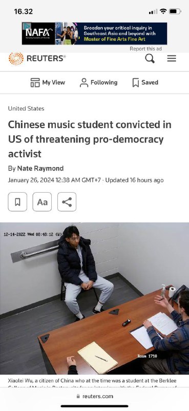 #中国🇨🇳音乐学生在美国🇺🇸威胁民主活动家被铺25岁的吴小蕾给活动家发了在线信息，说他会——-砍掉🔪她的手路透波士顿1月25日电-周四，一名中国音乐学生因美国指控被定罪，指控他骚扰一名活动家，该活动家在波士顿伯克利音乐学院张贴了支持中国民主的传单，并威胁要向中国执法部门报告她的活动