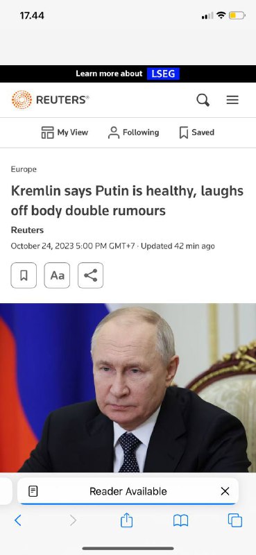 #莫斯科，10月24日电（路透社）-克里姆林宫周二否认了关于普京🇷🇺总统生病的报道，并嘲笑了关于他在公开露面时使用身体替身来掩护他的持续谣言
