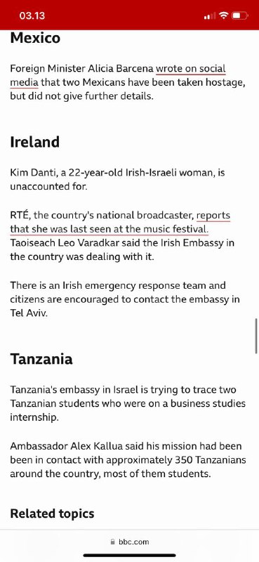 #哈马斯以色列袭击：的国际受害者美国，加拿大，英国、法国，泰国，尼泊尔，德国，奥地利，意大利，柬埔寨，中国，巴西，巴拉圭，墨西哥，爱尔兰，坦桑尼亚中国🇨🇳一名出生于北京的名叫Noa Argamani的中国以色列混血妇女是从音乐节绑架带走的