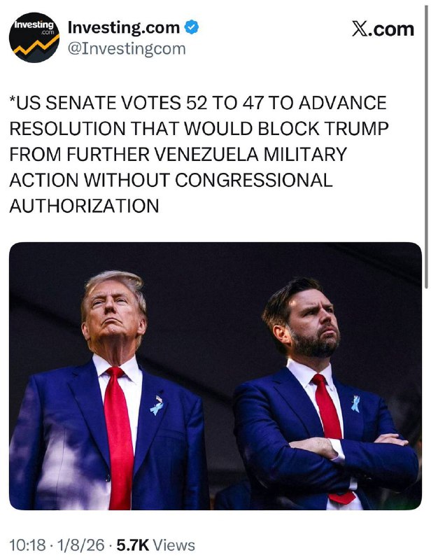 参议院通过了限制川普委内瑞拉进一步行动的法案，川普表示将否决这个法案