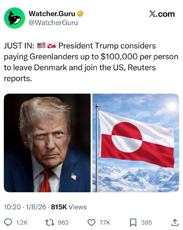 川普打算以每人十万美元的价格收买格林兰岛