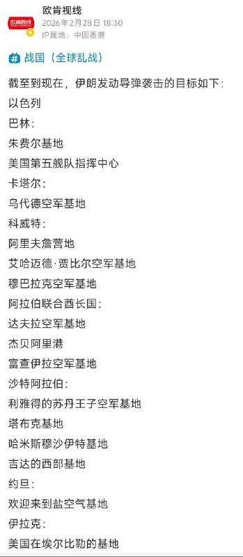 伊朗向除阿曼外的所有海湾国家都发射了弹道导弹