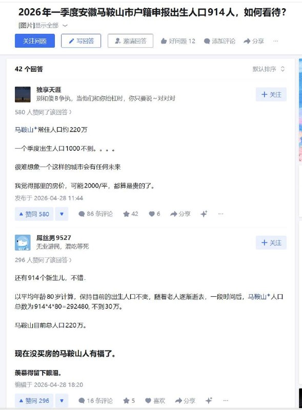 安徽马鞍山常住人口约220万，今年1季度该市户籍申报出生人口914人