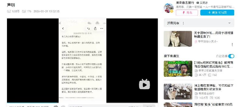 河南商丘网红边牧犬“锄头”被偷走、以180元卖给狗肉馆并遭宰杀一事后续:5月31日15，狗的主人博主“用青春去旅行”在B站发布《声明》视频