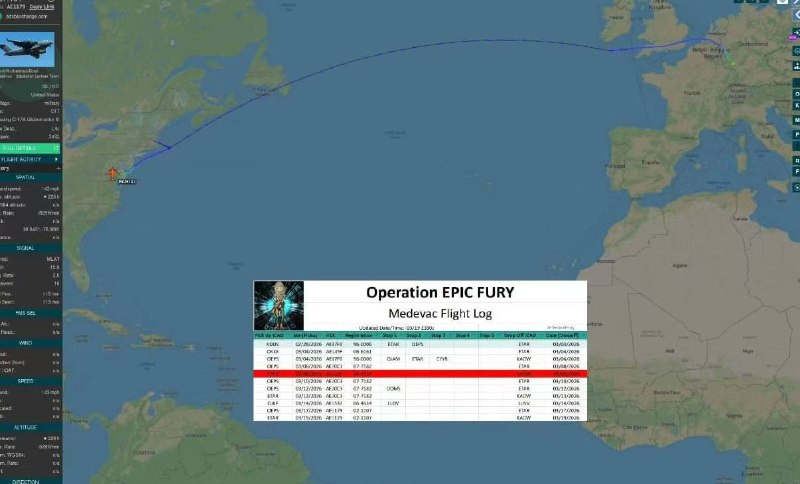 夜间，一架美军C-17A运输机将新一批在中东前线伤亡的美军人员，从德国拉姆施泰因空军基地转运至美国本土安德鲁斯联合基地