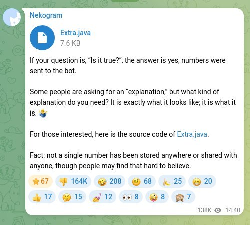 nekogram被发现私传手机号码以后，作者还臭不要脸地直接在tg上承认了，一副收集了你能拿我怎么样的态度一直以来nekogram都拿开源当噱头，结果打包的时候加后门