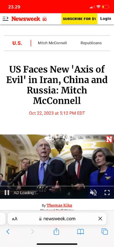 #中国🇨🇳，俄罗斯🇷🇺，伊朗🇮🇷——-“邪恶轴心”Axis of Evil 发布于美国东部夏令时间2023年10月22日下午12:47 Fox News 参议院少数党领袖、肯塔基州共和党人米奇·麦康奈尔周日认为，在乌克兰和以色列战争中，中国🇨🇳，俄罗斯🇷🇺和伊朗🇮🇷是“邪恶轴心”，同时谈到了美国对盟国对这些决斗冲突的回应的资助