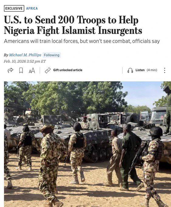华尔街日报称，美国将向尼日利亚派遣200名军人，训练其军队对抗伊斯兰主义武装（不参与作战），此举发生在川普指责尼日利亚纵容基督徒被杀并威胁干预之后