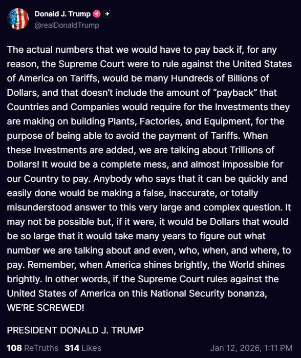 川普表示，如果最高法院裁定他的关税政策非法，美国将不得不偿还「数万亿美元」