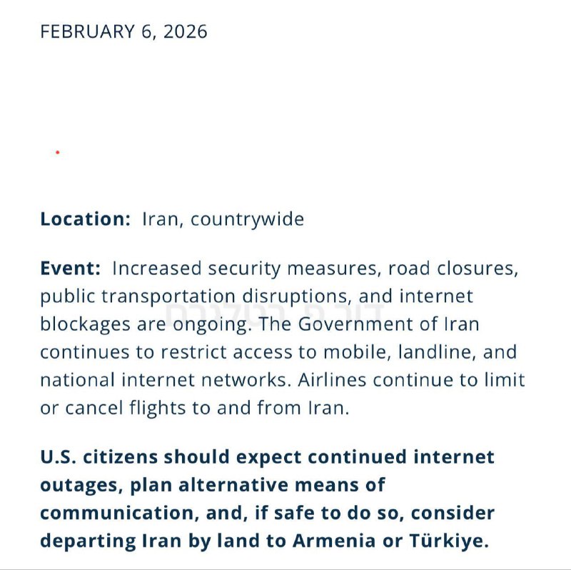 美东时间2月5日，美国国务院通过“虚拟驻伊朗德黑兰使馆”发布安全警告称，伊朗全国范围内持续加强安全管控，局势依然紧张