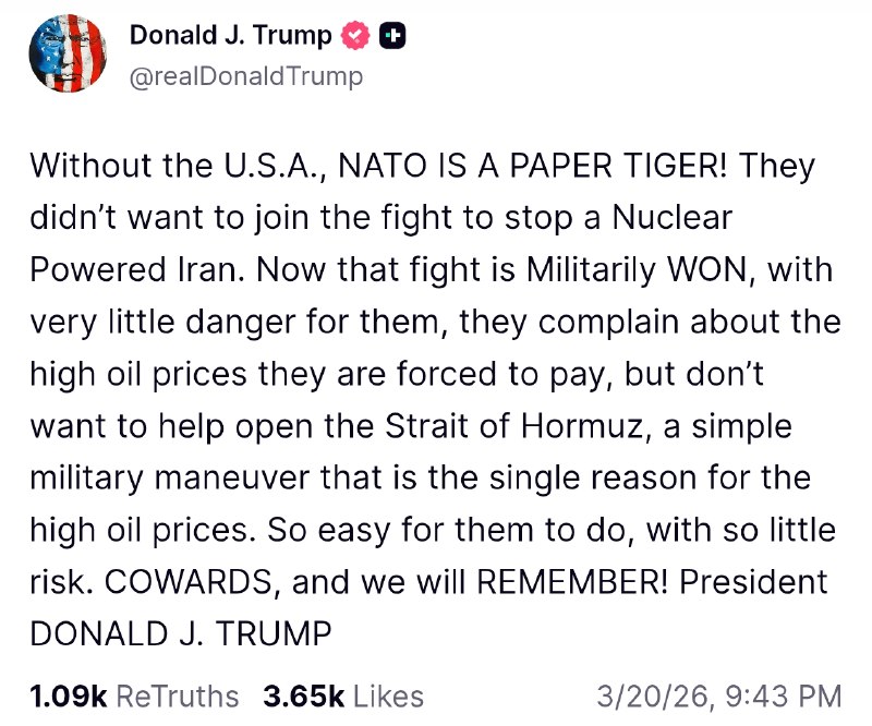 #特朗普 发文没有美国 操你妈 北约 就是一只 纸老虎！他们不想加入 阻止 伊朗 拥有核力量的战斗