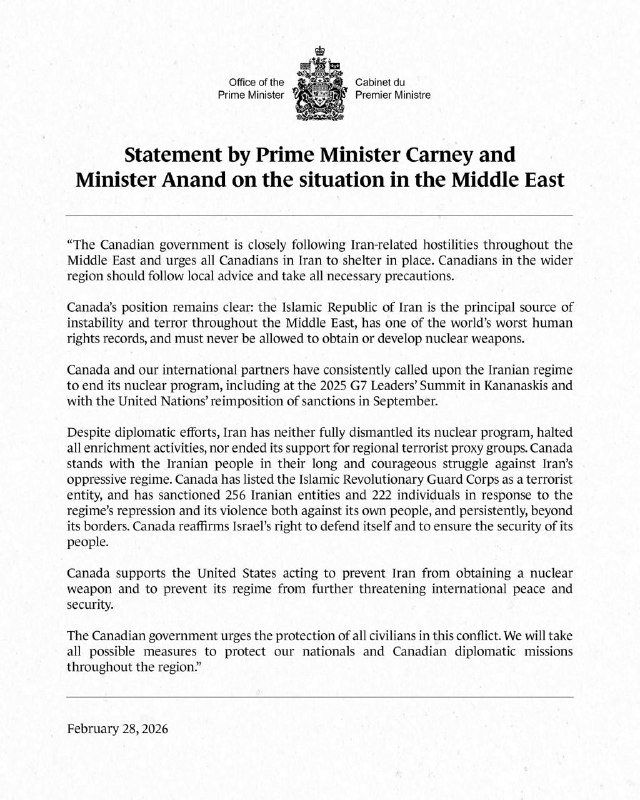 加拿大总理马克·卡尼（Mark Carney）：加拿大支持美国采取行动，防止伊朗获得核武器，并阻止其政权进一步威胁国际和平与安全