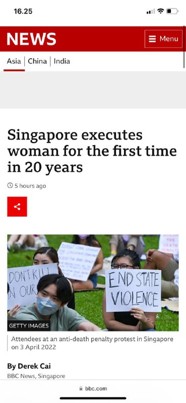 #新加坡死刑第一个女人新加坡周五绞死了一名因试图贩运一盎司海洛因而被定罪的妇女，这是近二十年来首次处决一名女囚犯，人权组织谴责这是该城邦及其臭名昭著的严厉禁毒法的“严峻里程碑”