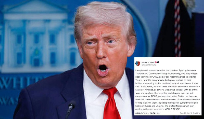 🇺🇸 特朗普：柬泰冲突已经结束昨天，美国总统特朗普在自己的社交平台真实社交上发帖说，泰国和柬埔寨之间的战争已经结束，两国将根据最近达成的原始条约恢复和平