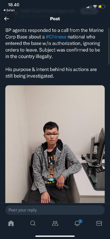 #一名中国🇨🇳偷渡者被发现在🇺🇸加州军事基地一名中国🇨🇳国民在🇺🇸加利福尼亚州的海军陆战队基地被捕引发了许多问题