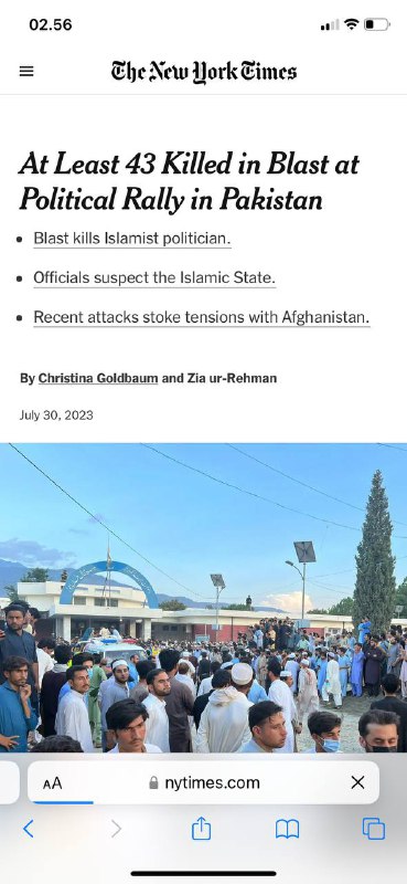 #巴基斯坦🇵🇰恐怖分子疑似巴基斯坦自杀式爆炸在政治集会上造成至少55人死亡，135人受伤没有人立即声称对这次袭击负责，但伊斯兰国组织在阿富汗边境开展行动