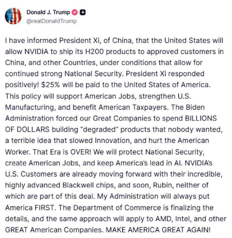 突发：川普同意向中国卖高级英伟达芯片