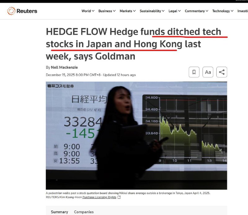 对冲基金抢跑：高盛数据显示，华尔街对冲基金在上周（12月8日-12日左右）大幅抛售了日本和香港的股票，尤其是科技股