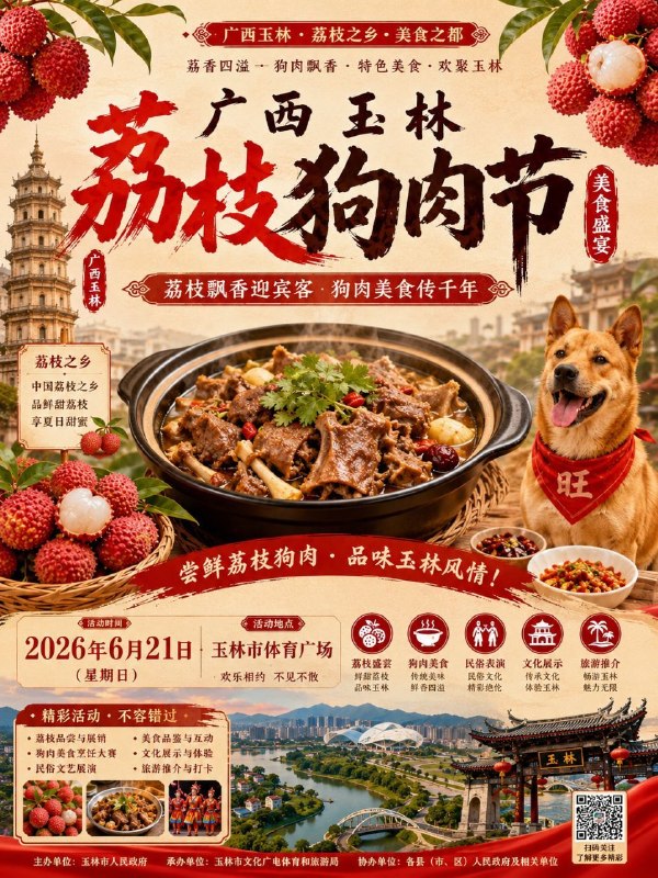 2026年6月21日，广西玉林荔枝狗肉节当地民众会在这一天与亲朋好友相聚，食用狗肉、荔枝及荔枝酒