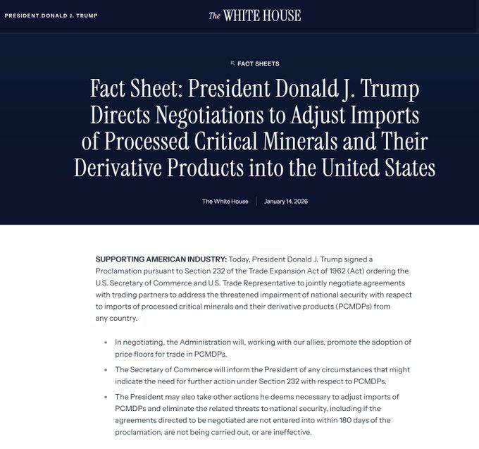 特朗普表示，自己已决定暂时不对稀土、锂和其他关键矿产征收关税，而是命命令美国贸易代表格里尔和商务部长卢特尼克“与贸易伙伴进行谈判，调整（关键矿产）的进口，使这些进口不会威胁到美国的国家安全”