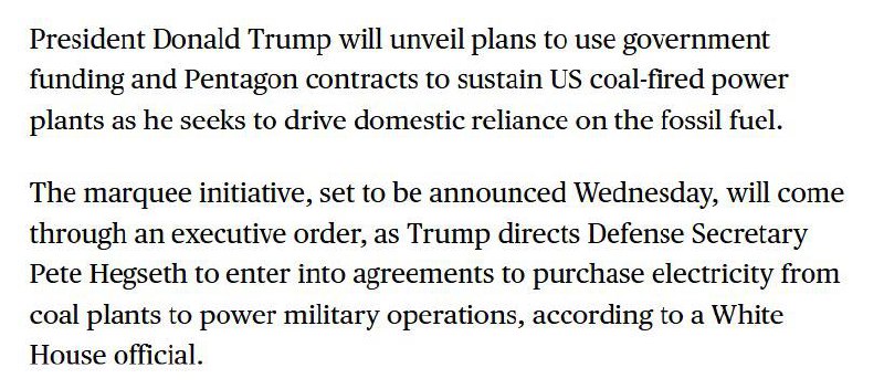特朗普将公布计划，利用政府资金和五角大楼合同来维持美国燃煤发电厂的运营