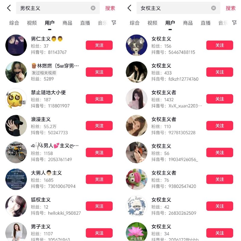抖音取名“男权主义”是违禁词，但“女权主义”不是违禁词