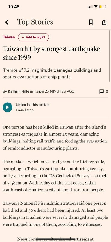 #台湾强地震自从1999年近25年来最强烈的地震袭击了台湾，破坏了建筑物，停止了铁路交通，并迫使半导体制造厂撤离