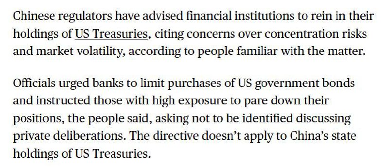 彭博：中国监管机构已窗口指导各银行限制购买美国国债，并指示持仓比例较高的银行减持，因大量持有可能会面临剧烈的价格波动