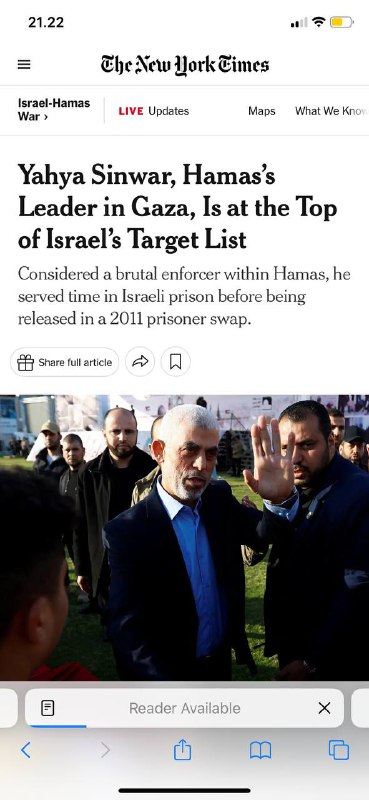 #哈马斯在加沙的领导人叶海亚·辛瓦尔在以色列的目标名单中名列前茅- Top Target List 他被认为是哈马斯内部的残酷执法者，在2011年囚犯交换中被释放之前，他在以色列监狱服刑22年Yahya Sinwar是加沙哈马斯的强硬派领导人，“邪恶的面孔”.他是准备入侵沿海数万名以色列🇮🇱军队的首要目标