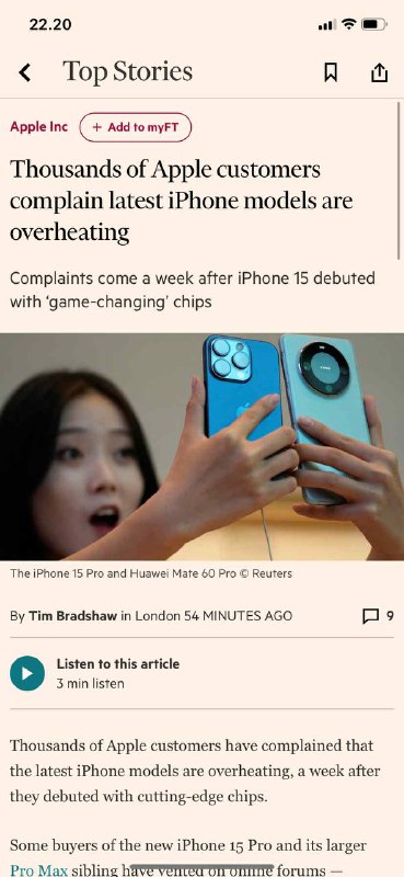 #苹果15 Pro 发烫FT 金融时报数千名苹果客户抱怨最新的iPhone机型过热 发烫一些新iPhone 15 Pro及其更大的Pro Max兄弟姐妹的买家在在线论坛上发泄道——包括苹果的客户支持页面、Reddit和其他社交媒体平台——他们的设备太热了，无法触摸