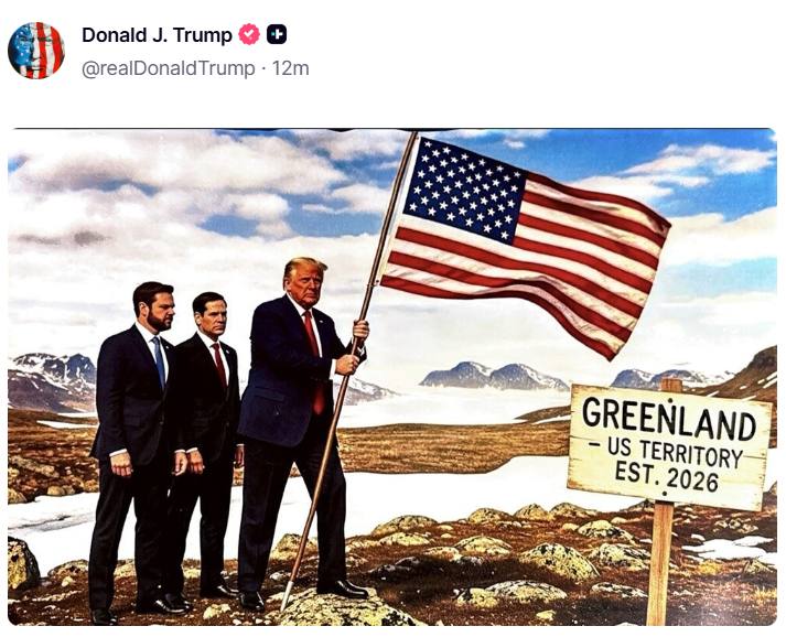 川普先后发了两张图，第一张是自己在美国白宫向西方领导人展示披上星条旗的加拿大和委内瑞拉，第二张是今年在格陵兰的土地上插上星条旗