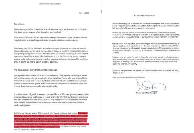 西班牙首相桑切斯表示，为逾50万名非法移民办理合法化的法案将于今日获批，称此举是